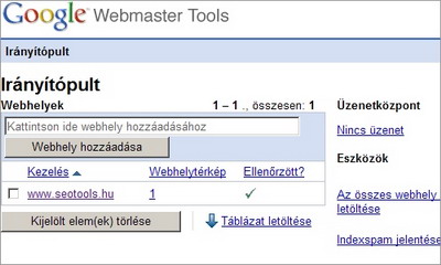 Google Webmaster Tools irányítópult